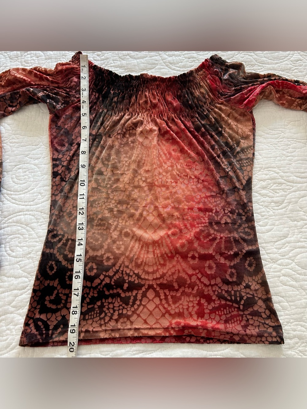 VTG Bebe Velvet Burnout Off The Shoulder Top Size S Made in France Boho Y2K 90s - Picture 9 of 9